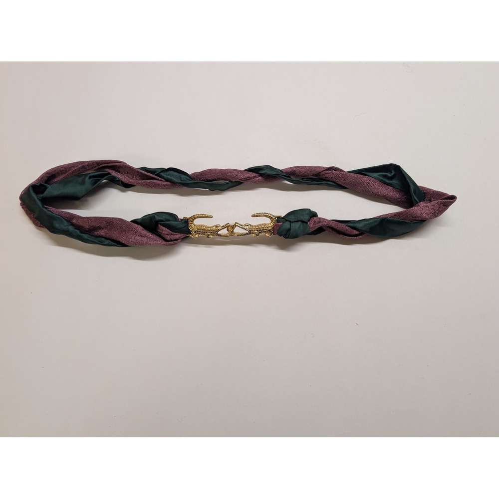 Vtg Braided Rope Belt Green Purple Gold Tone Alligator Crocodile Buckle 32" Boho